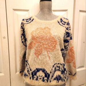 Anthropologie La Fee Verte Floral Patterned Cream  Peach and Blue Sweater